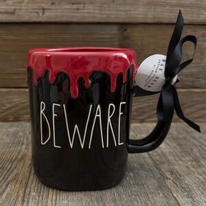 Rae Dunn BEWARE Drip Accent Mug - Black with Red Rim